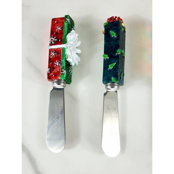 Boston Warehouse Cheese Butter Spreaders 90's Christmas 4 7/8 Stainless China x4 - Picture 2 of 13